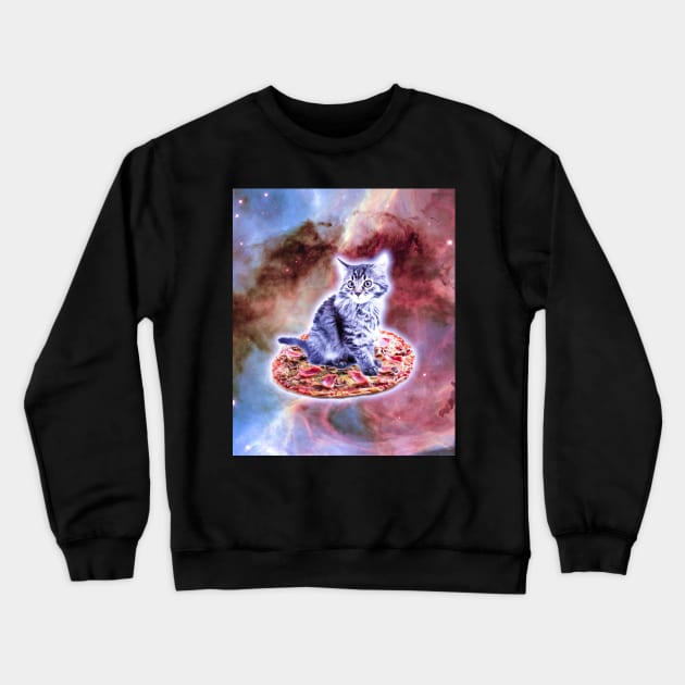 Galaxy Kitty Cat Riding Pizza In Space Crewneck Sweatshirt by Random Galaxy